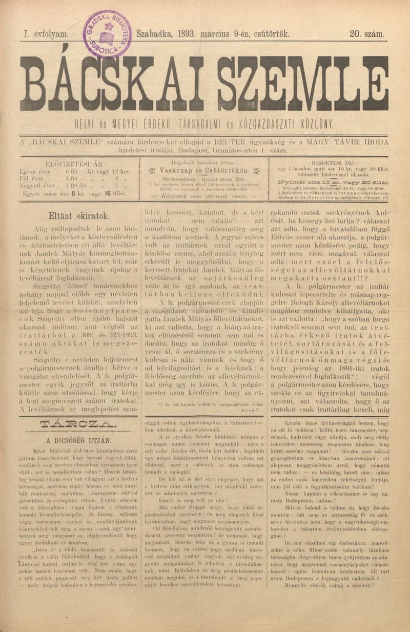 Bácskai Szemle, 1. évf. 1893. március 9. 20. sz.
