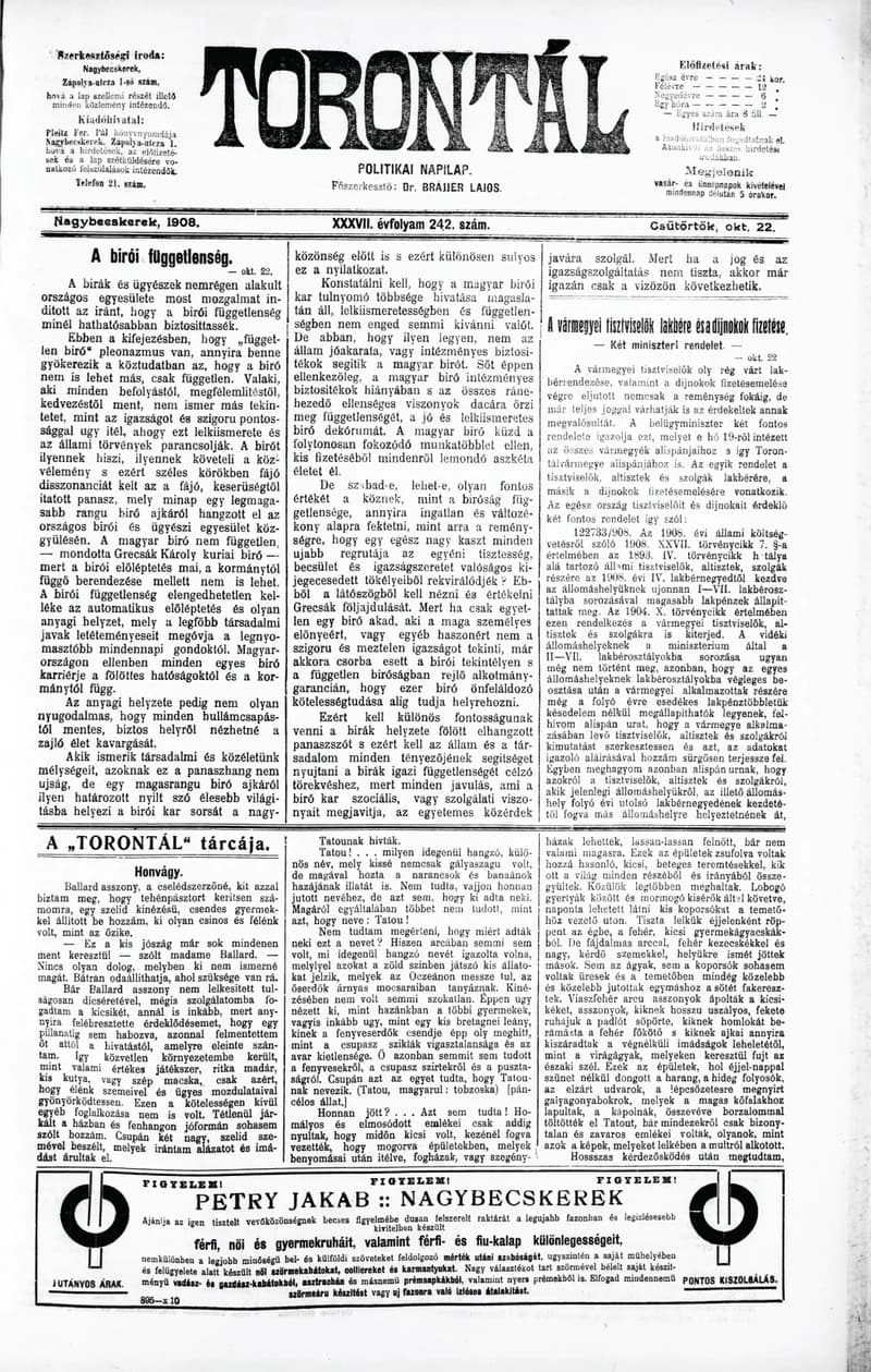 Torontál, 37. évf. 1908. október 22. 242. sz.