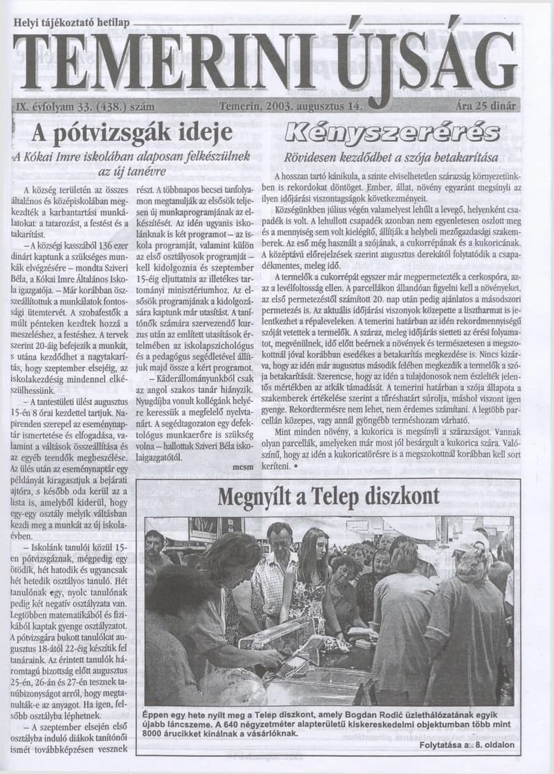 Temerini Újság, 9. évf. 2003. augusztus 14. 33. sz.