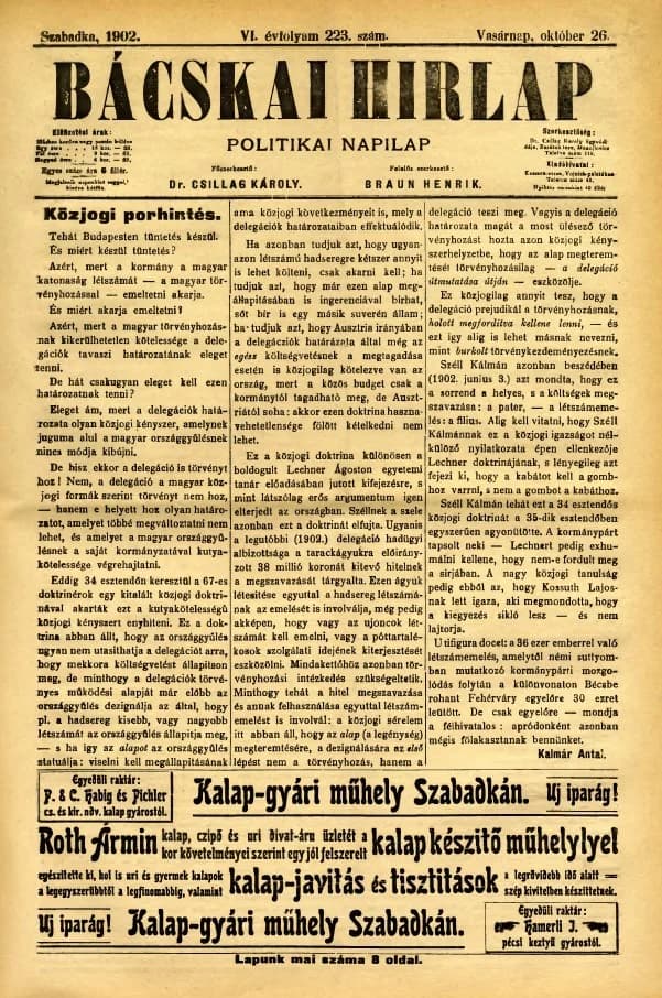Bácskai Hirlap, 6. évf. 1902. október 26. 223. sz.
