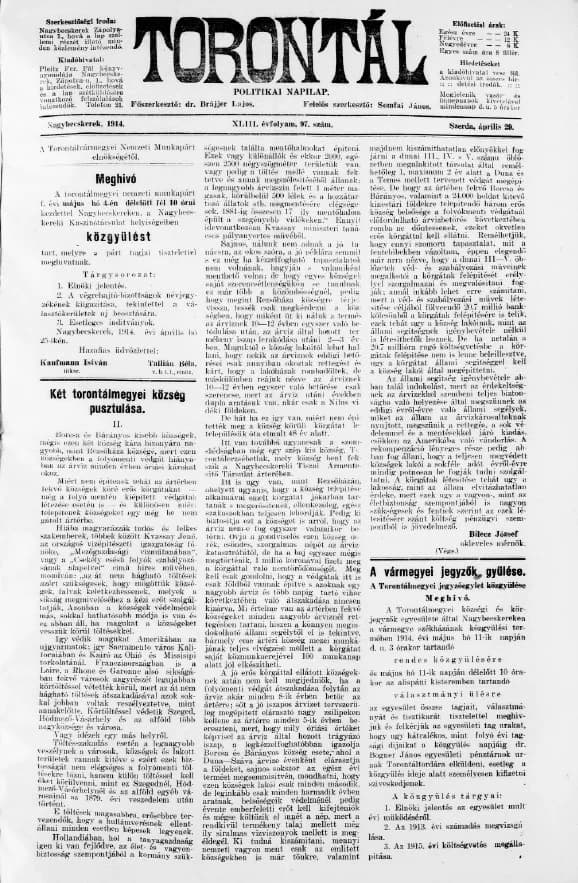 Torontál, 43. évf. 1914. április 29. 97. sz.