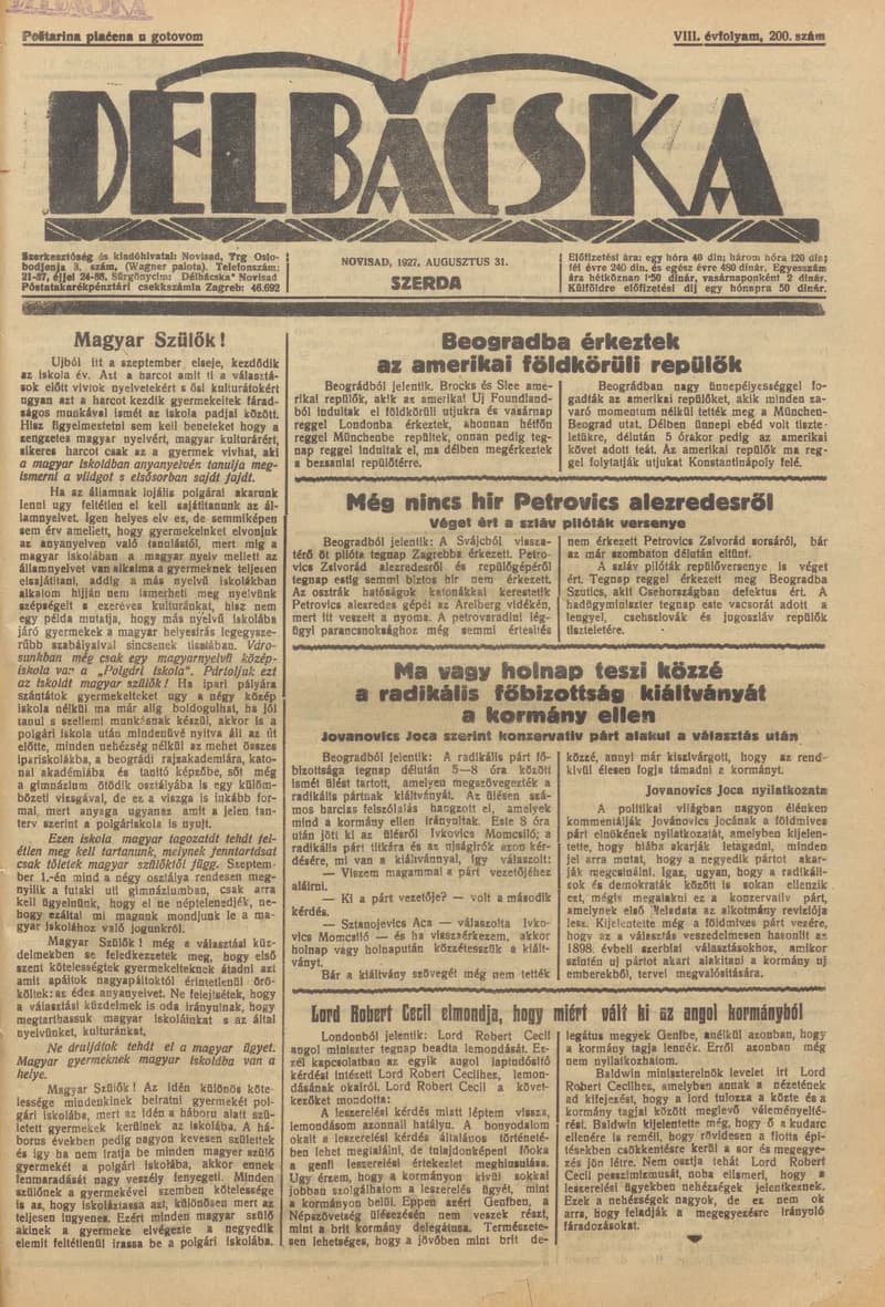Délbácska, 8. évf. 1927. augusztus 31. 200. sz.