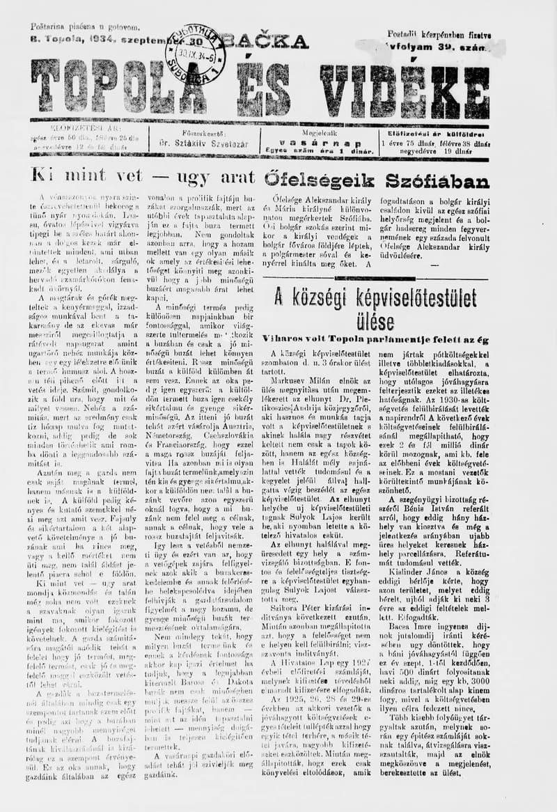 Bačka Topola és Vidéke, 11. évf. 1934. szeptember 30. 39. sz.
