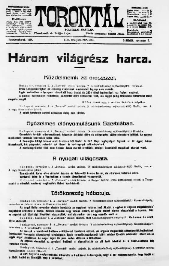 Torontál, 43. évf. 1914. november 5. 252. sz.