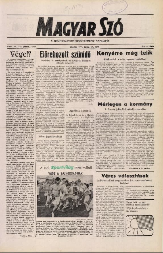 Magyar Szó, 48. évf. 1991. június 17. 164. sz. 1–20. oldal