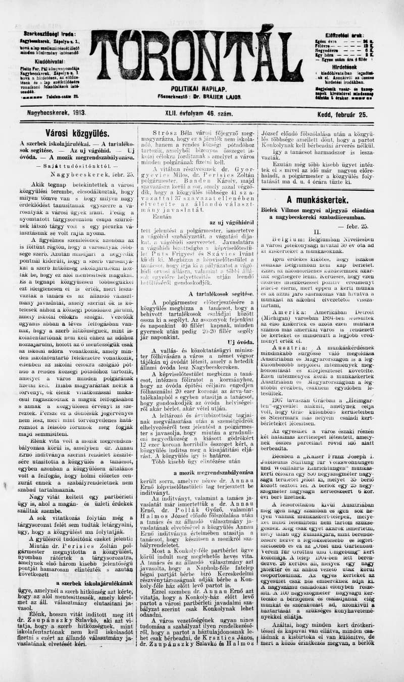 Torontál, 42. évf. 1913. február 25. 46. sz.