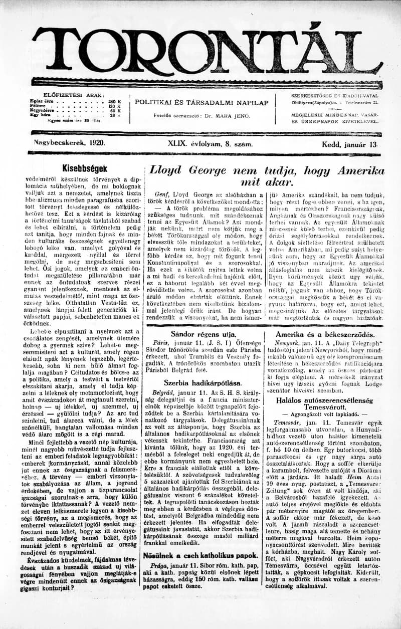 Torontál, 49. évf. 1920. január 13. 8. sz.