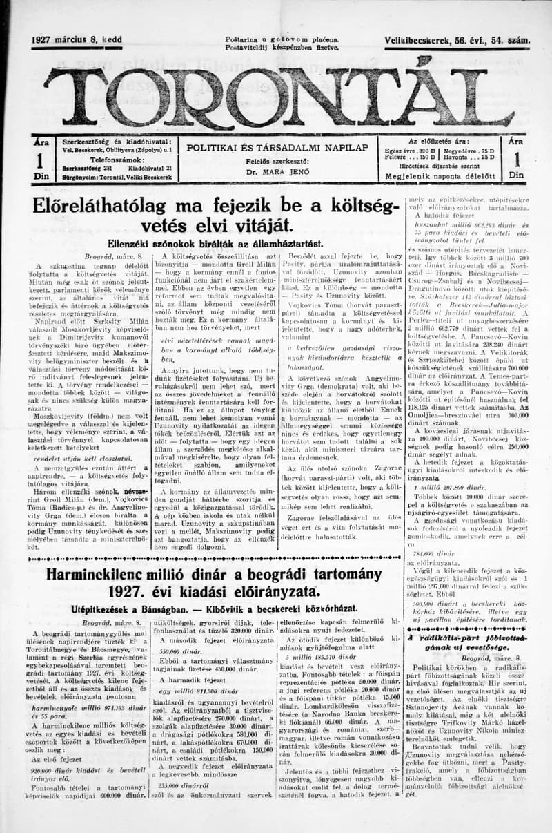 Torontál, 56. évf. 1927. március 8. 54. sz.