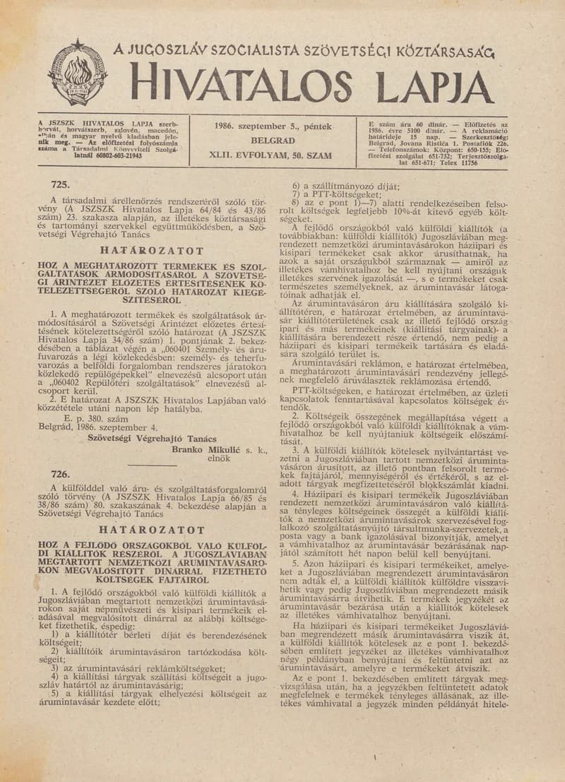 A Jugoszláv Szocialista Szövetségi Köztársaság Hivatalos Lapja, 42. évf. 1986. szeptember 5. 50. sz. 1497–1504. oldal