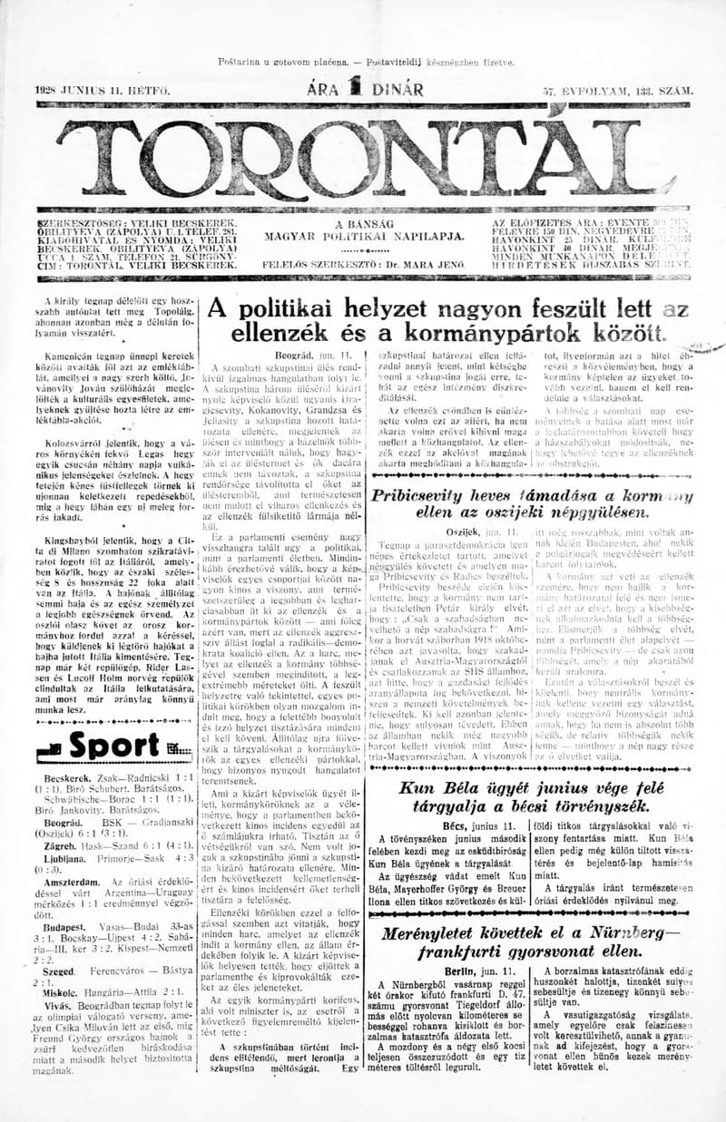 Torontál, 57. évf. 1928. június 11. 133. sz.