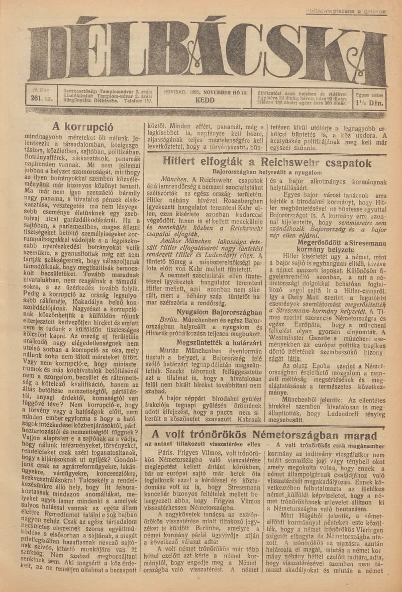 Délbácska, 4. évf. 1923. november 13. 261. sz.