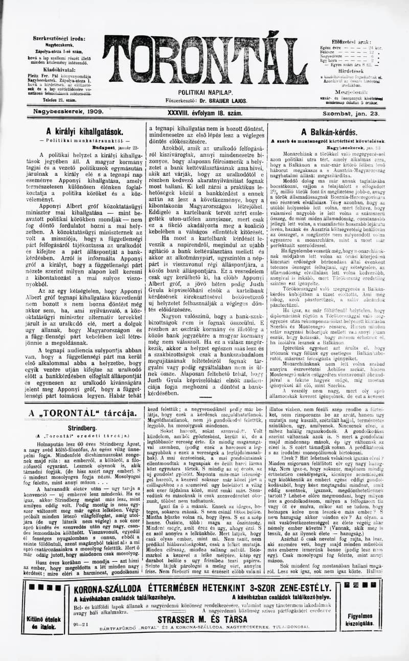 Torontál, 38. évf. 1909. január 23. 18. sz.