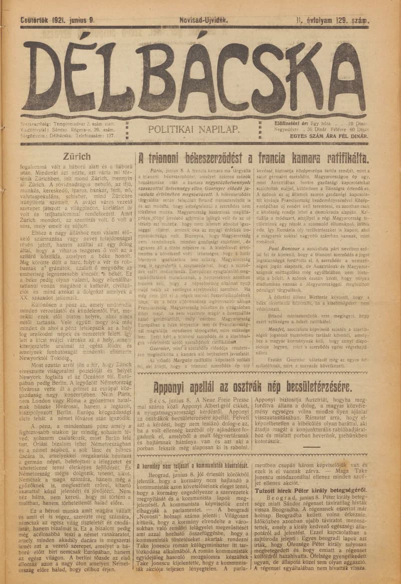 Délbácska, 2. évf. 1921. június 9. 129. sz.