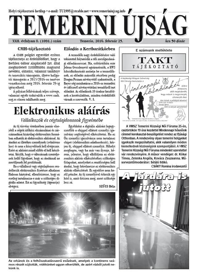 Temerini Újság, 22. évf. 2016. február 25. 8. sz.
