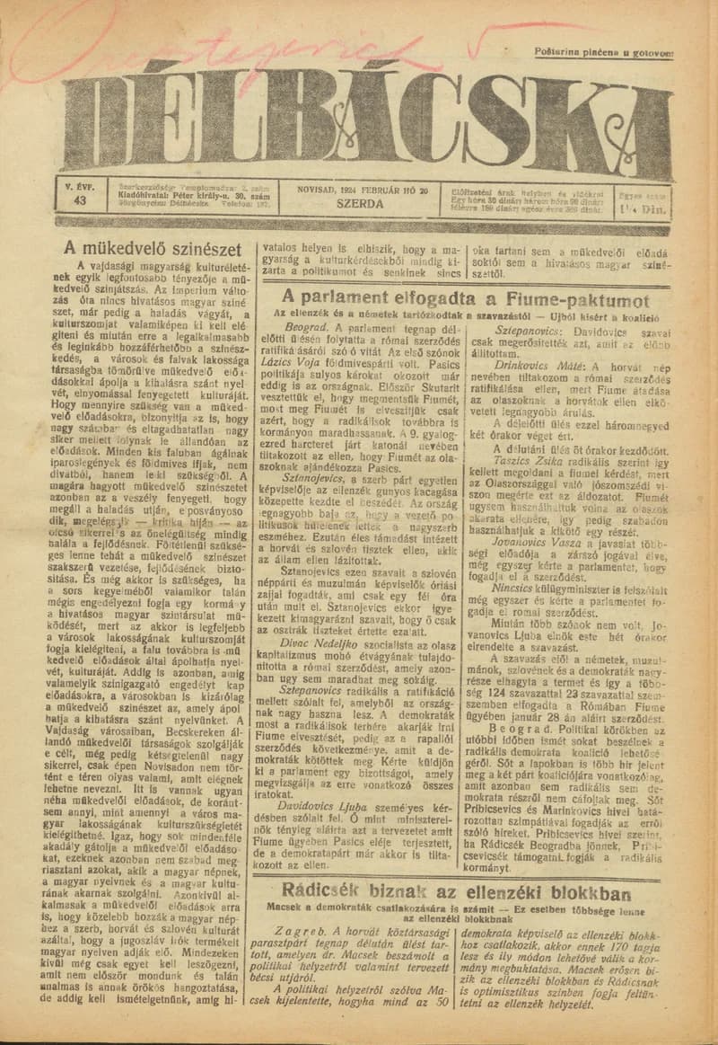 Délbácska, 5. évf. 1924. február 20. 43. sz.