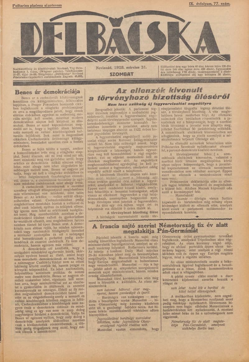 Délbácska, 9. évf. 1928. március 31. 77. sz.