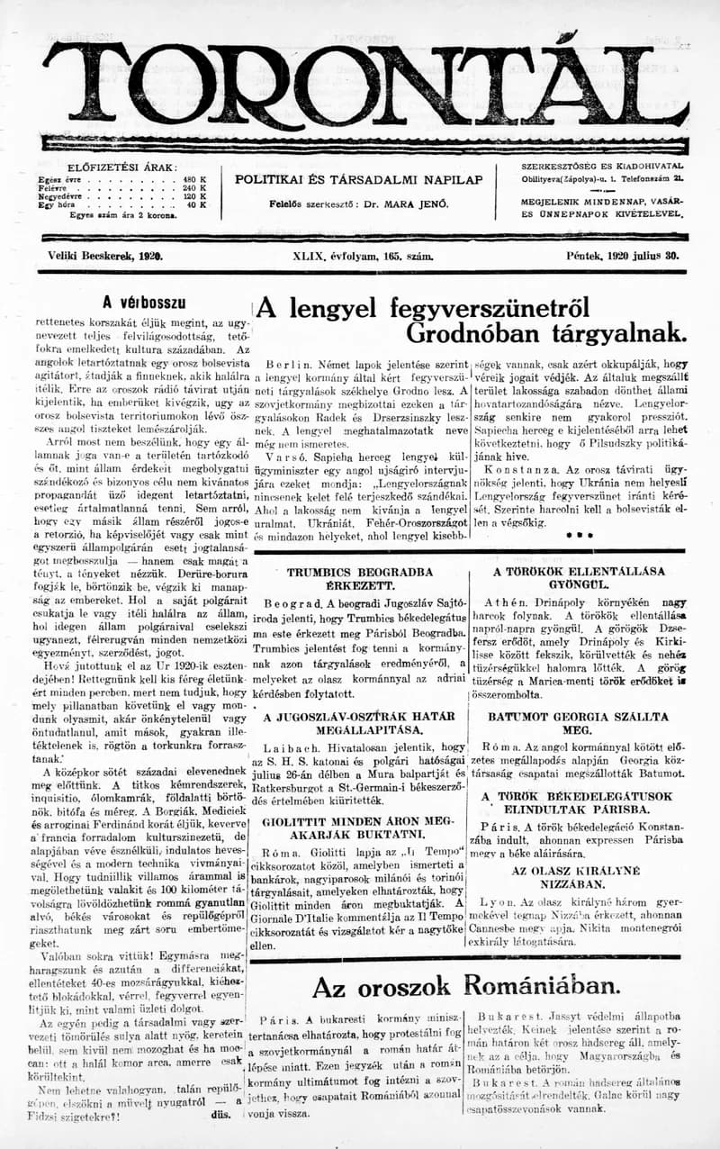 Torontál, 49. évf. 1920. július 30. 165. sz.