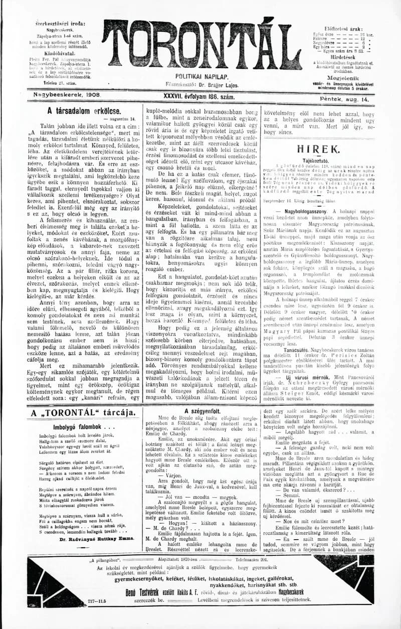 Torontál, 37. évf. 1908. augusztus 14. 186. sz.