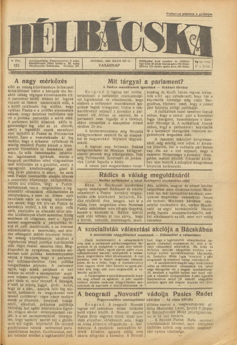Délbácska, 5. évf. 1924. május 25. 123. sz.