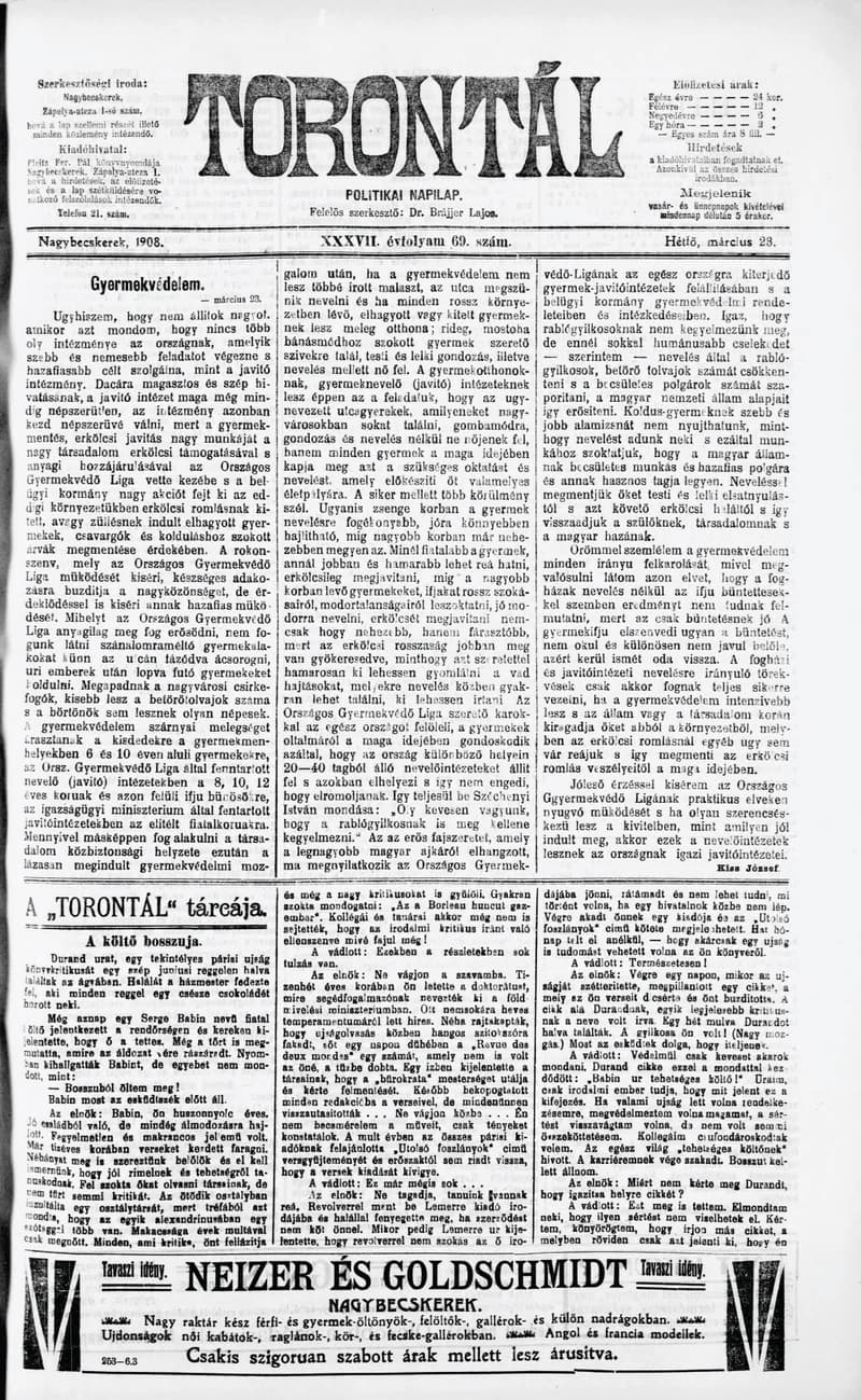 Torontál, 37. évf. 1908. március 23. 69. sz.