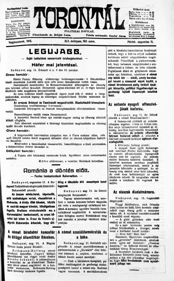 Torontál, 45. évf. 1916. augusztus 11. 183. sz.