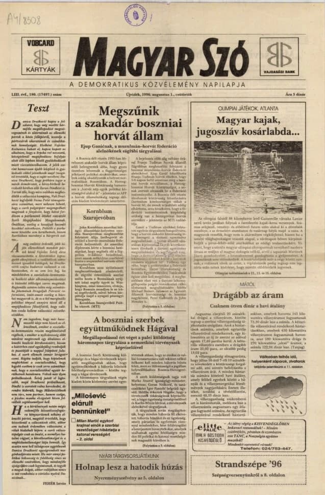 Magyar Szó, 53. évf. 1996. augusztus 1. 180. sz. 1–16. oldal