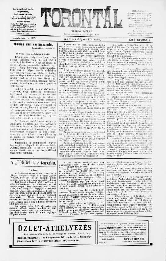 Torontál, 34. évf. 1905. augusztus 8. 179. sz.