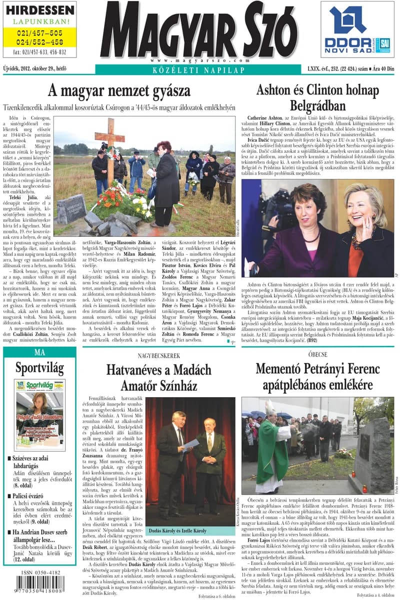 Magyar Szó, 69. évf. 2012. október 29. 252. sz. 1–16. oldal