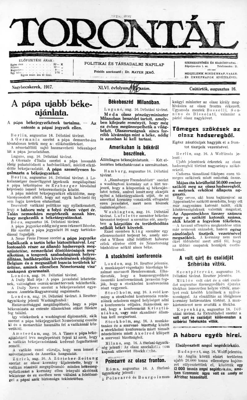 Torontál, 46. évf. 1917. augusztus 16. 186. sz.