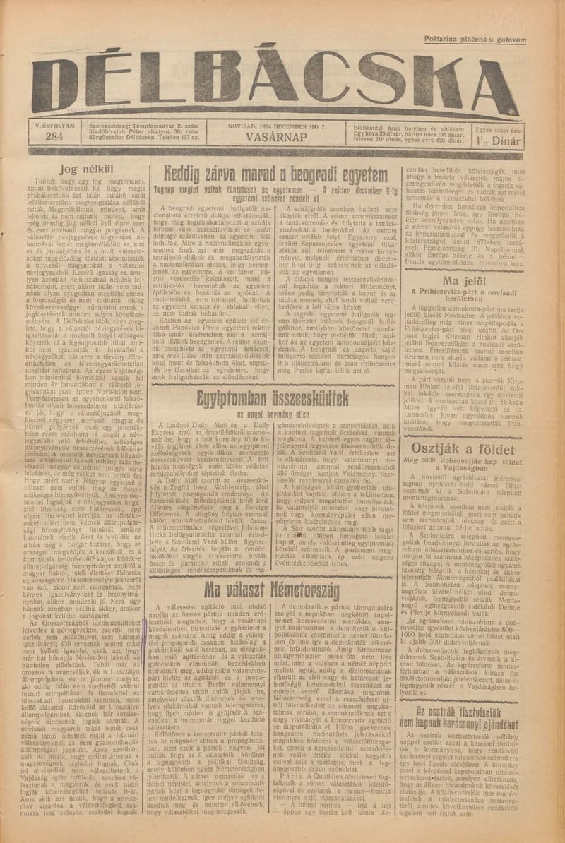 Délbácska, 5. évf. 1924. december 7. 284. sz.
