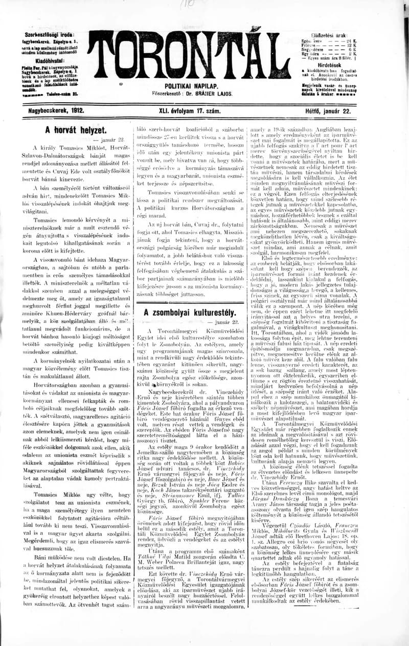Torontál, 41. évf. 1912. január 17. 22. sz.