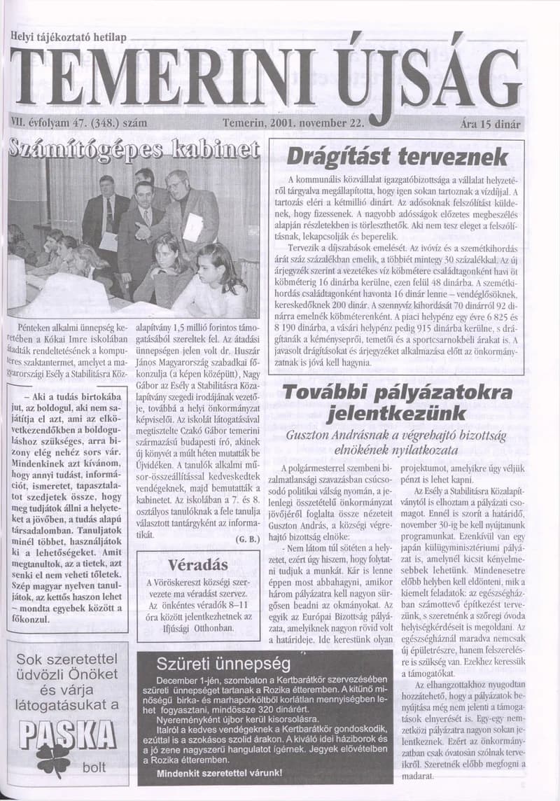 Temerini Újság, 7. évf. 2001. november 22. 47. sz.