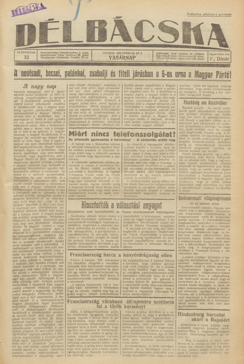 Délbácska, 6. évf. 1925. február 8. 32. sz.