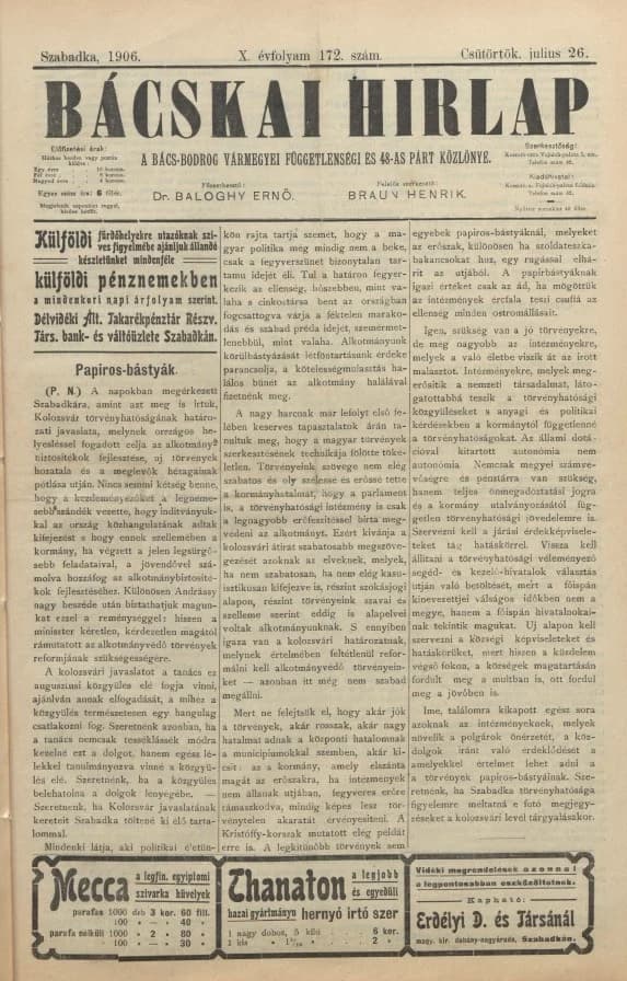 Bácskai Hirlap, 10. évf. 1906. július 26. 172. sz.