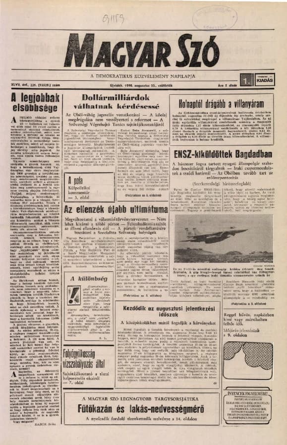 Magyar Szó, 47. évf. 1990. augusztus 23. 231. sz. 1–16. oldal