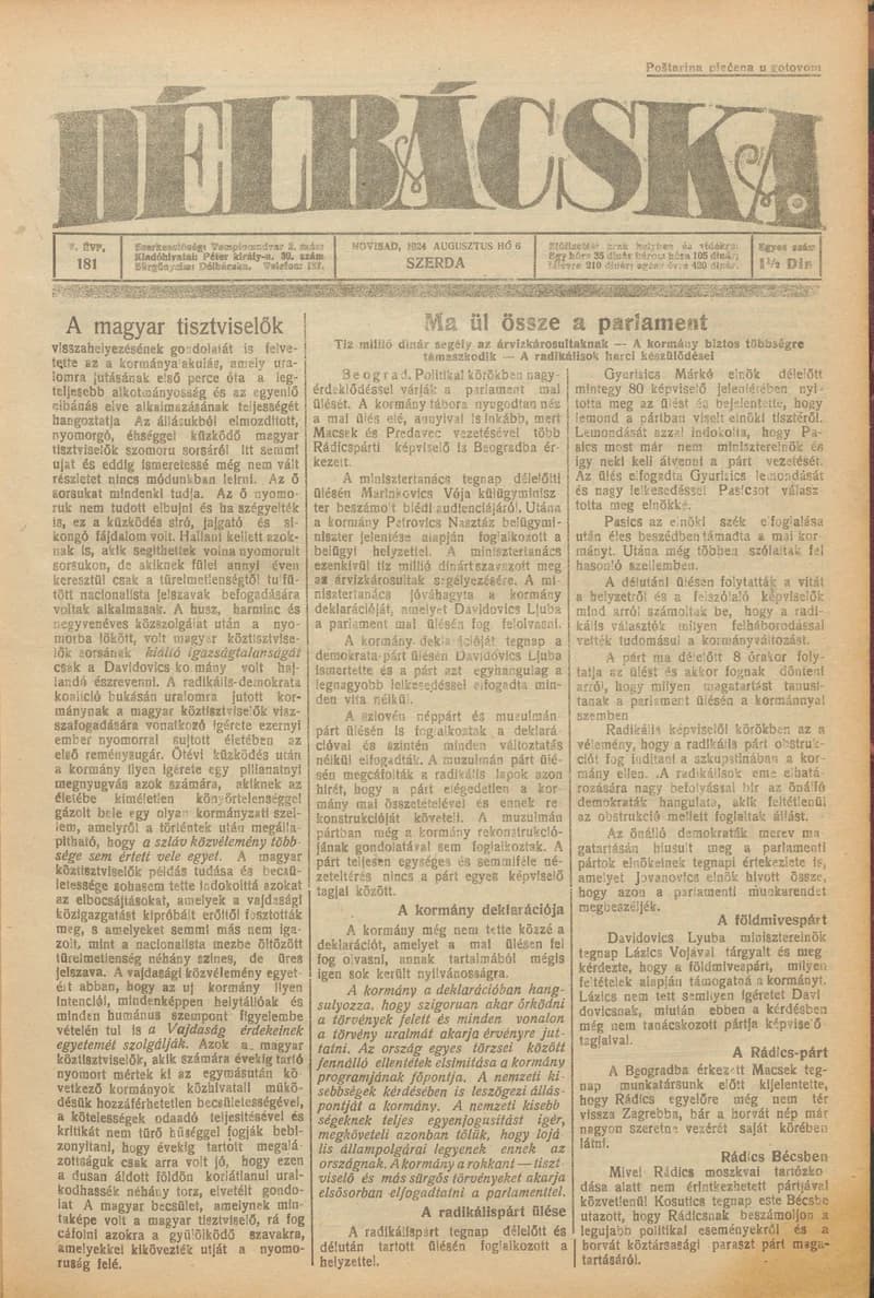 Délbácska, 5. évf. 1924. augusztus 6. 181. sz.