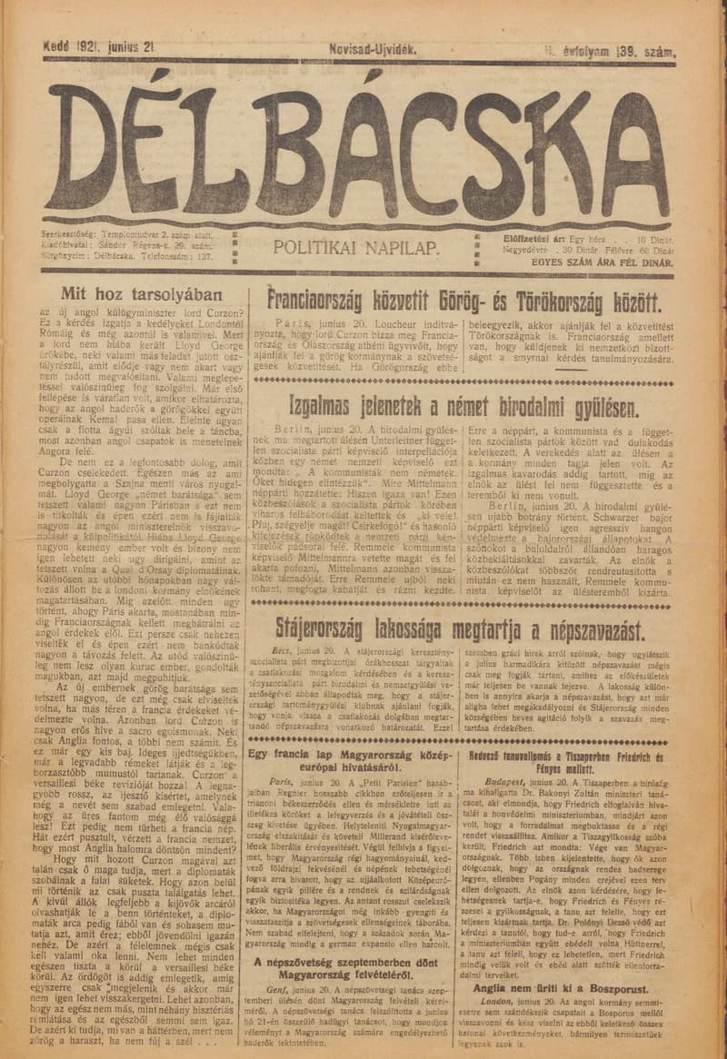 Délbácska, 2. évf. 1921. június 21. 139. sz.