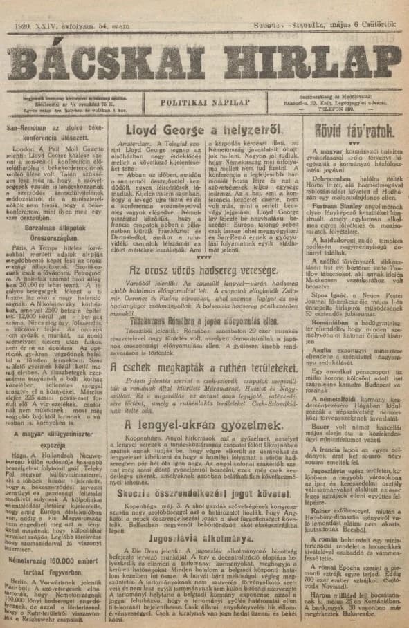 Bácskai Hirlap, 24. évf. 1920. május 6. 54. sz.