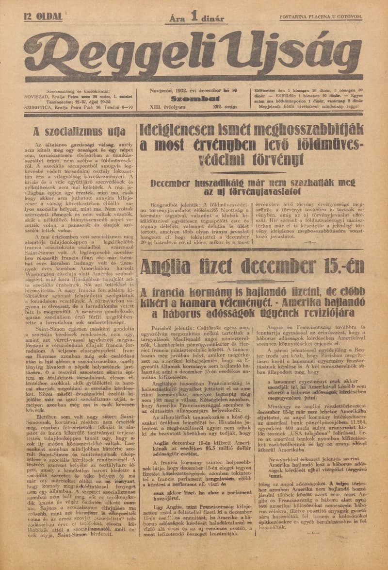 Reggeli Újság, 13. évf. 1932. december 10. 291. sz.