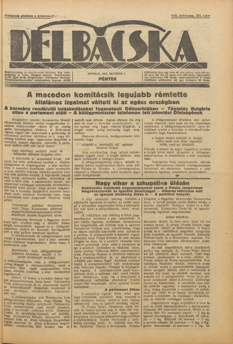 Délbácska, 8. évf. 1927. október 7. 233. sz.