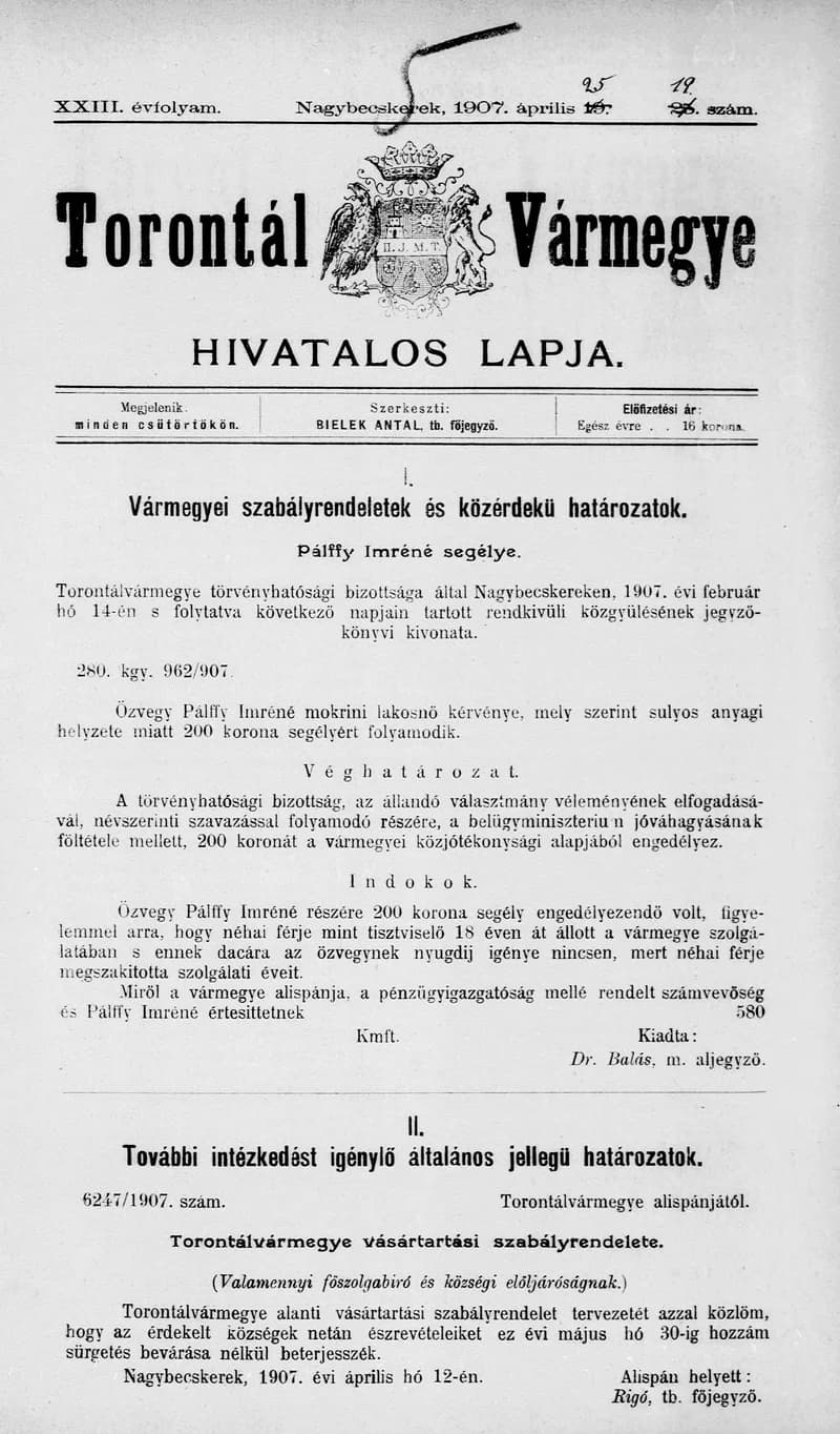 Torontál Vármegye Hivatalos Lapja, 23. évf. 1907. április 25. 19. sz.