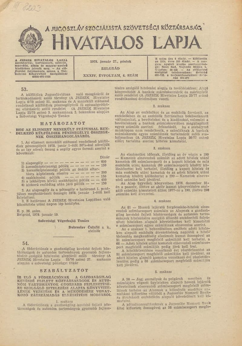 A Jugoszláv Szocialista Szövetségi Köztársaság Hivatalos Lapja, 34. évf. 1978. január 27. 4. sz. 73–96. oldal