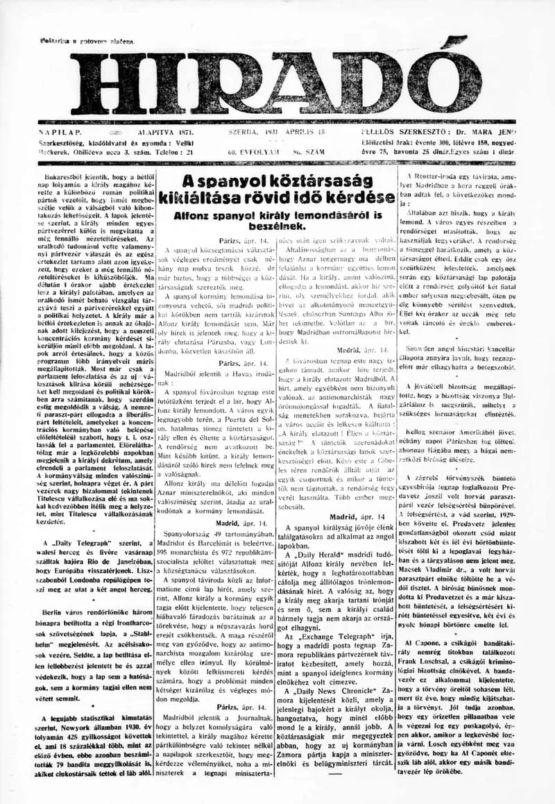 Híradó, 60. évf. 1931. április 15. 86. sz.