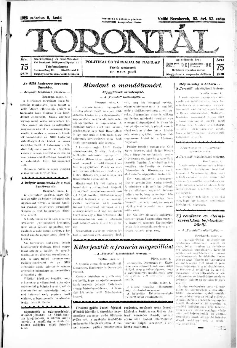 Torontál, 52. évf. 1923. március 6. 52. sz.