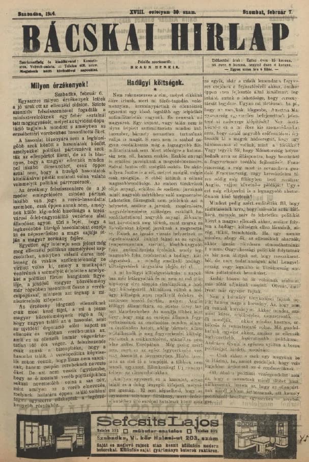 Bácskai Hirlap, 18. évf. 1914. február 7. 30. sz.