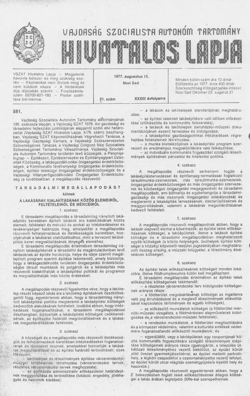 Vajdaság Szocialista Autonóm Tartomány Hivatalos Lapja, 33. évf. 1977. augusztus 15. 21. sz. 1041–1056. oldal