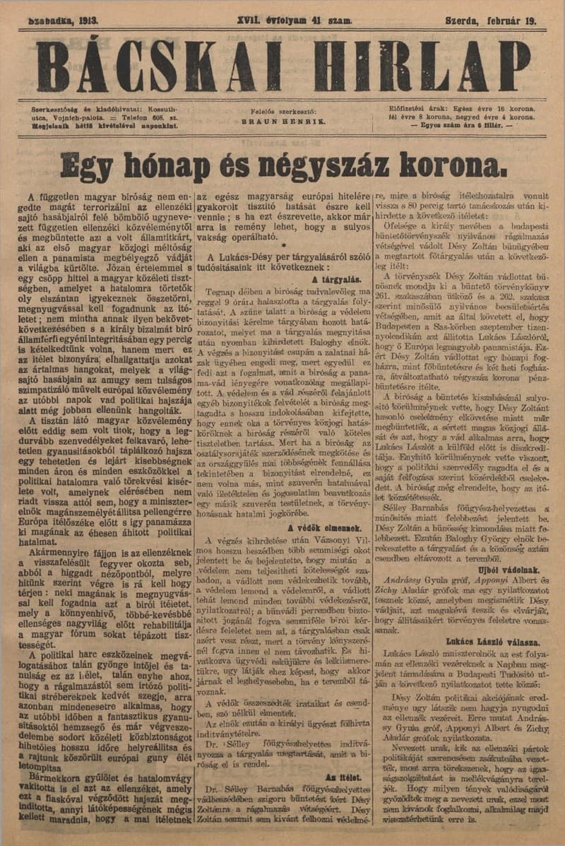 Bácskai Hirlap, 17. évf. 1913. február 19. 41. sz.