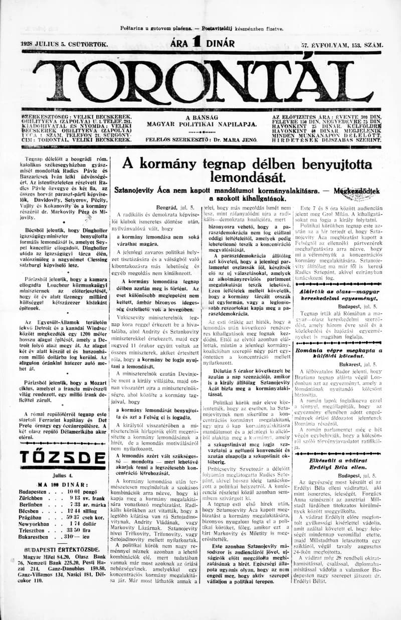 Torontál, 57. évf. 1928. július 5. 153. sz.