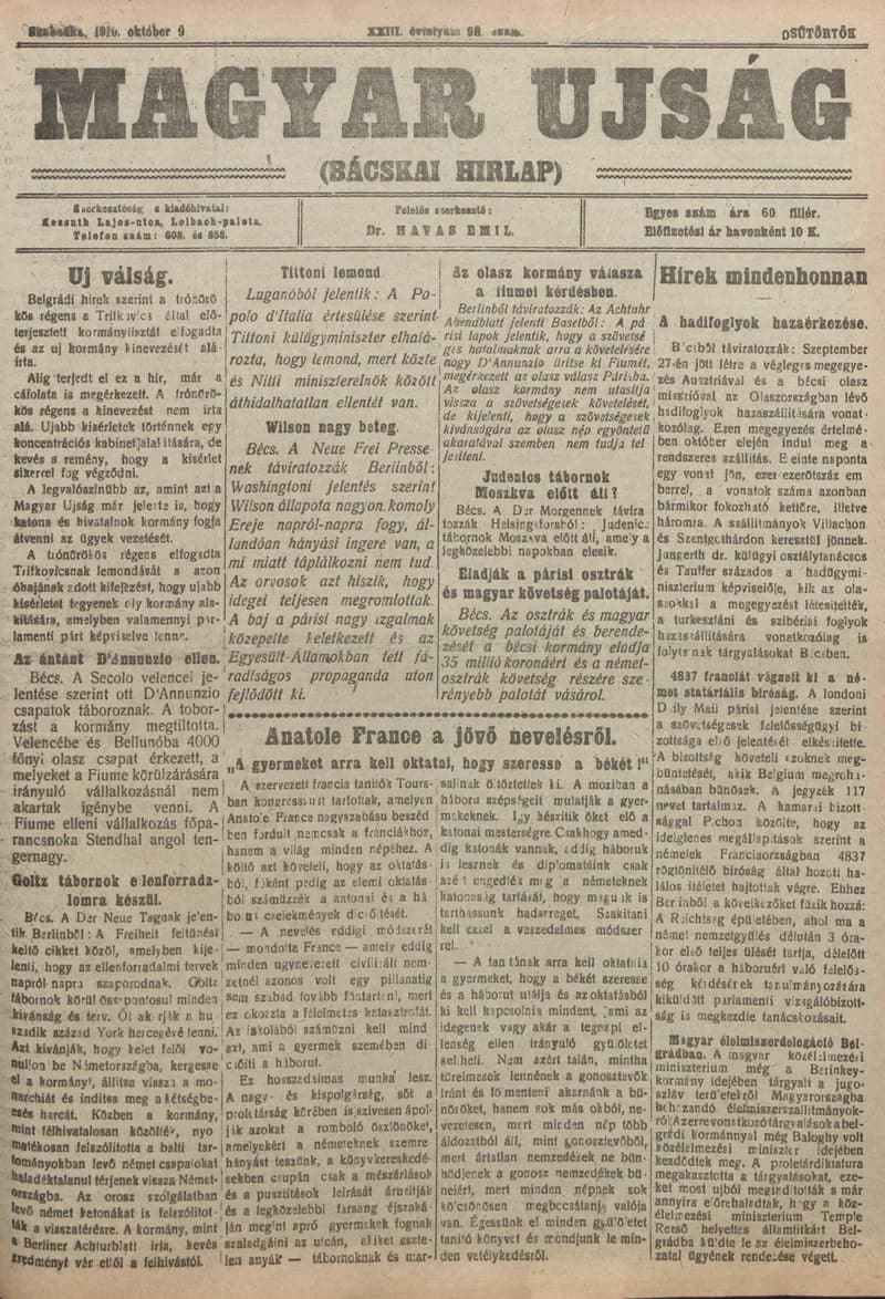 Bácskai Hirlap, 23. évf. 1919. október 9. 98. sz.