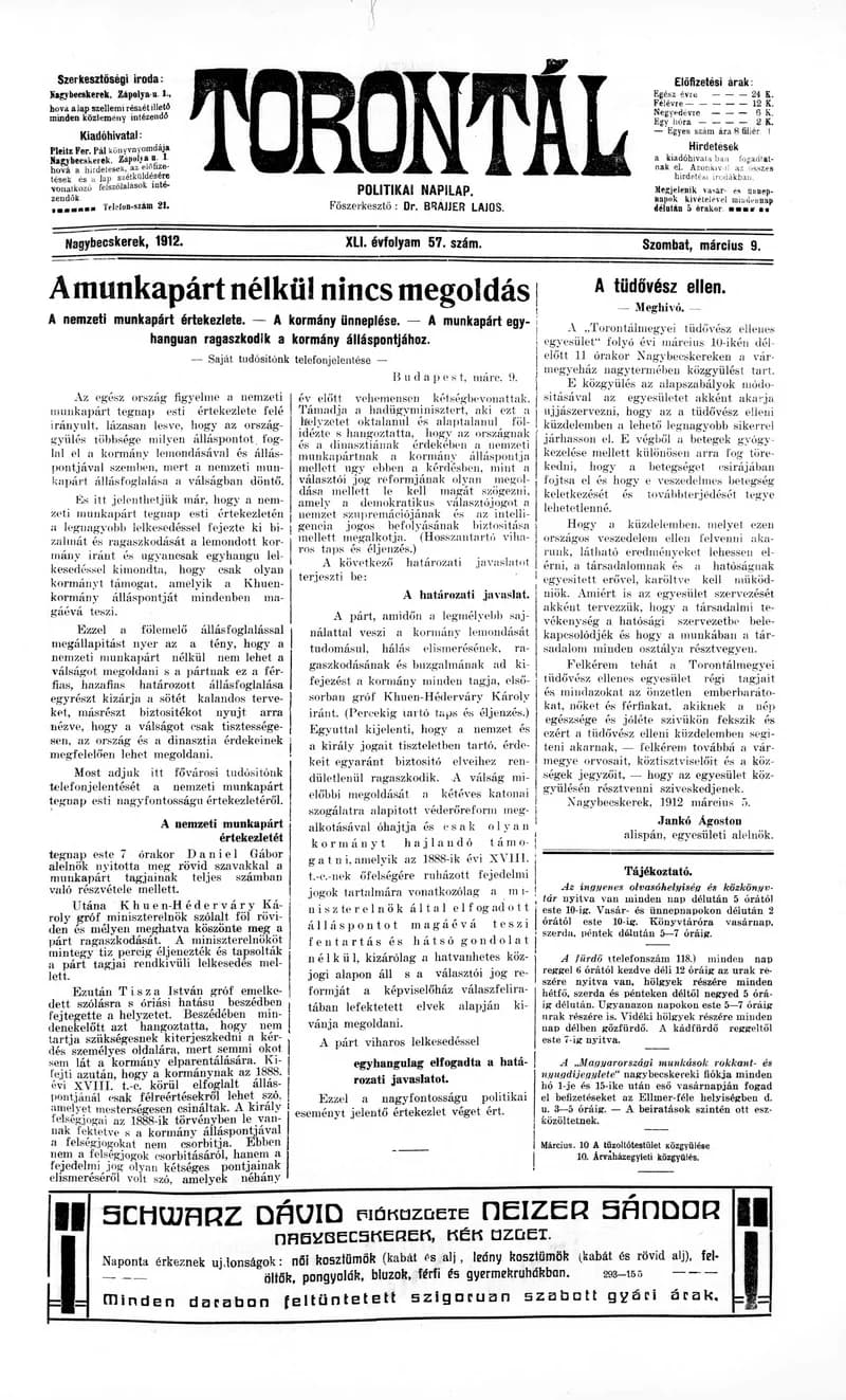 Torontál, 41. évf. 1912. március 9. 57. sz.
